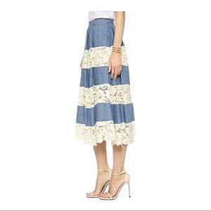 🌟Alice + Olivia Romy Lace Insert Denim Flare Skirtp